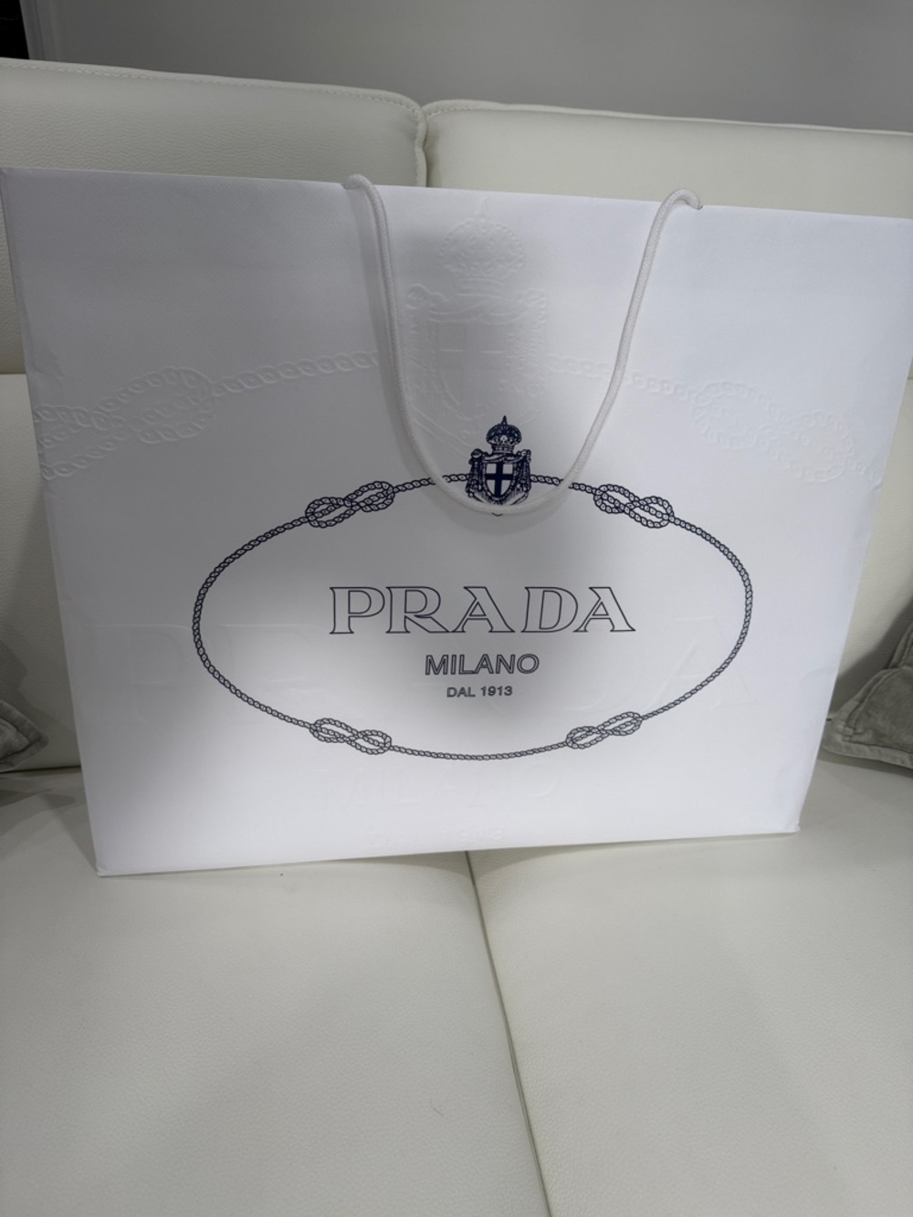 Prada White Shopping Tote with Navy Logo